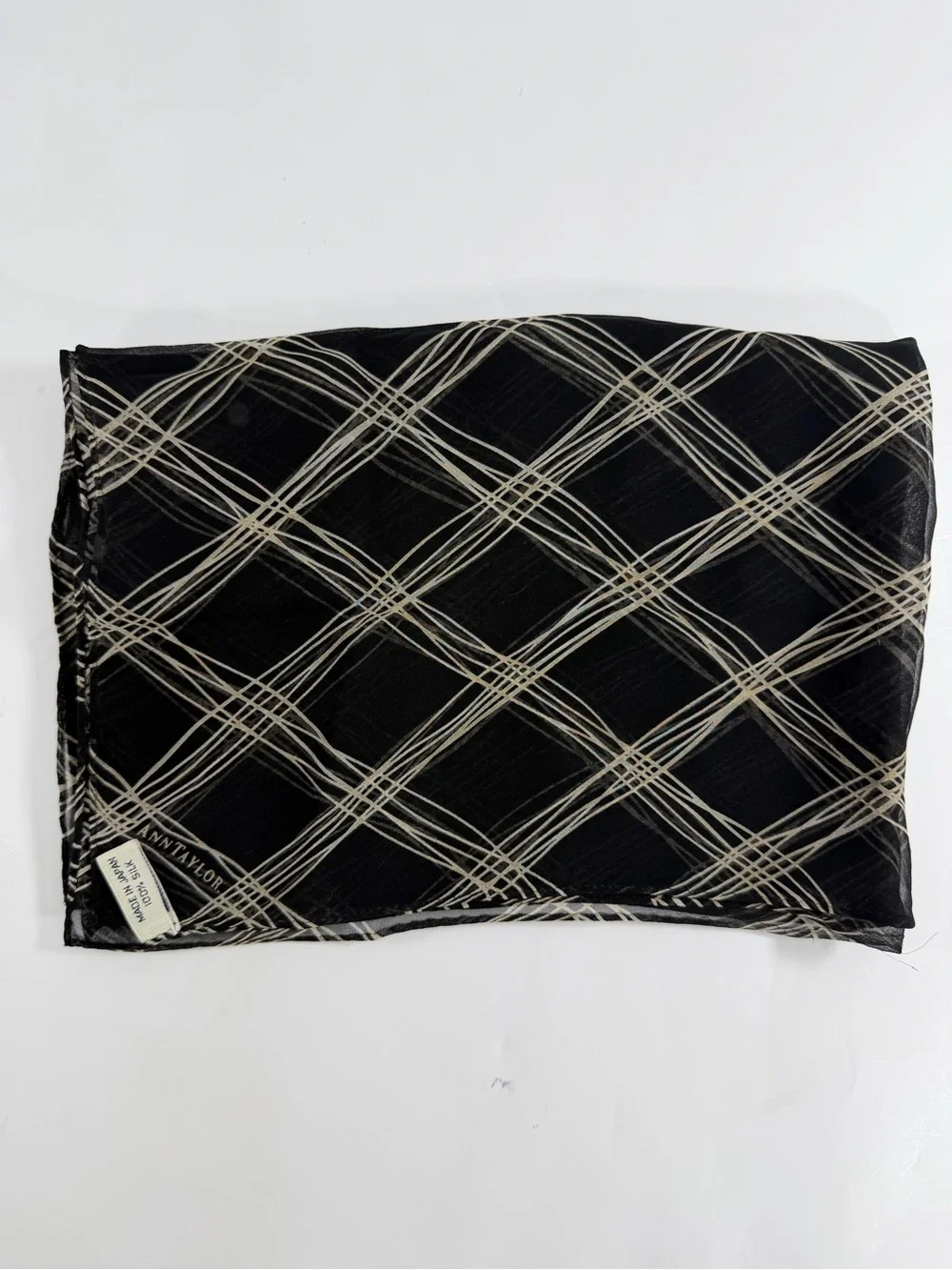 Ann Taylor 100% Silk Sheer Scarf Black Ivory Abstract Plaid 42x15 Japan